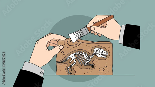 Hands Painting Dinosaur Fossil on Wood.