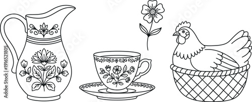 Still life with a chicken in a basket and tea set