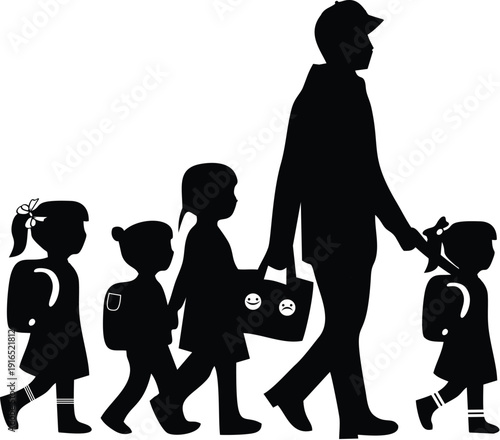 Man walking with school children silhouette illustration collection featuring backpacks, guidance, and education themes for parenting, child safety, supervision, and design projects See Less