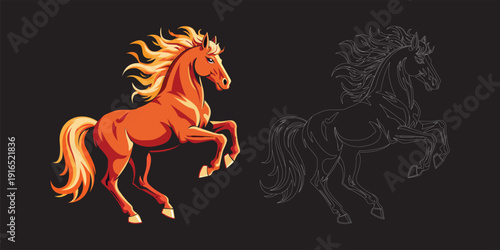 Untitled-Stylized rearing horse illustration with fiery mane and outline version on black background.