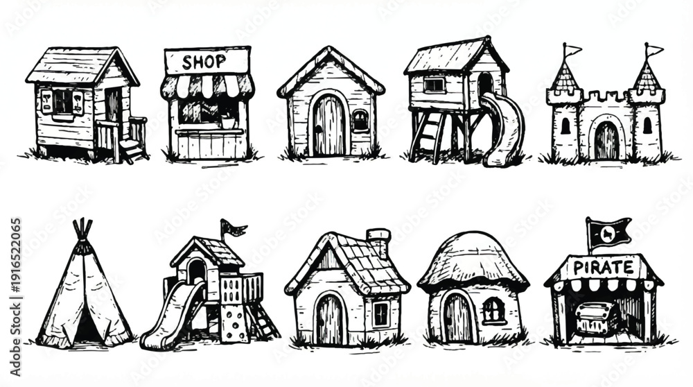 Obraz premium black and white illustrations of various houses and buildings