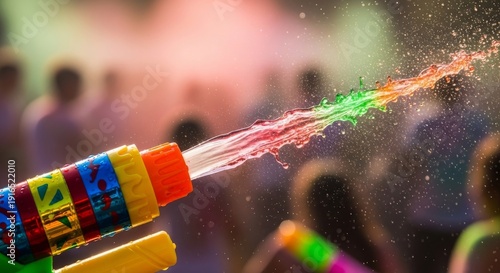 Vibrant water gun spraying colorful liquid at a lively outdoor celebration from a close-up viewpoint