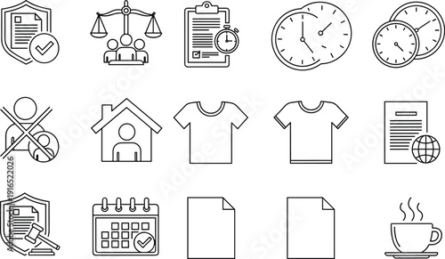 Business Management and Legal Services Line Icon Set with Scales of Justice Time Management Shield Document Calendar Home and T-shirt
