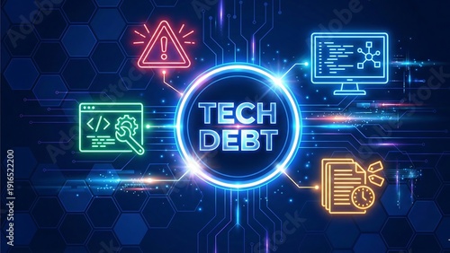 Technical Debt Concept with Software Coding Challenges, Legacy System Maintenance and Project Management Warning Icons