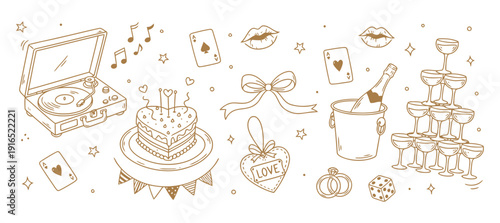 Hand drawn coquette pink sticker set for Valentines day, wedding invitation, birthday card. Trendy vintage coquette cute bows on beige on transparent background