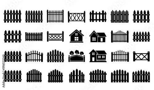 Fence Silhouette Icon Set with Garden and House Barrier Templates Vector Illustration
