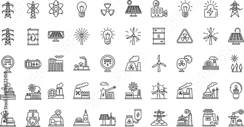 Energy and Power Generation Vector Line Icons Set Featuring Solar Panels Wind Turbines Nuclear Plants Electric Grids and Renewable Resources