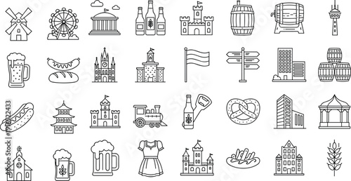 German Cultural and Oktoberfest Icon Set: Landmarks, Traditional Food, Beer, Architecture, and Festival Elements in a Minimalist Line Art Style