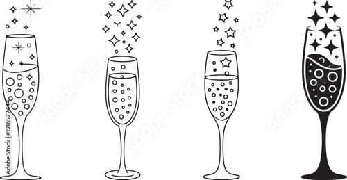 Four champagne glasses with bubbles and stars celebration