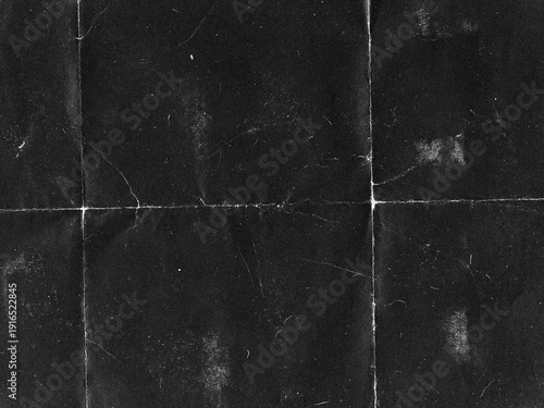 Gritty Folded Paper Texture Overlay. Distressed Creased Black Paper Background. Grunge Analog Scan Surface, Film  Texture