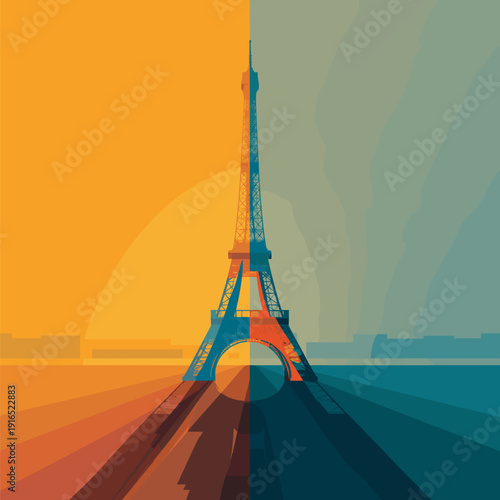 Eiffel Tower geometric abstract vibrant colors illustration. Eiffel Tower appearing in a minimalist geometric flat design illustration with vibrant colors
