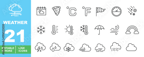 Weather Line Icon Set. Editable stroke icons for forecast & meteorology. Featuring tornado, Celsius & Fahrenheit units, wind socks, thermometers, barometer, and extreme weather forecast symbols.