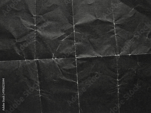 Gritty Folded Paper Texture Overlay. Distressed Creased Black Paper Background. Grunge Analog Scan Surface, Film  Texture