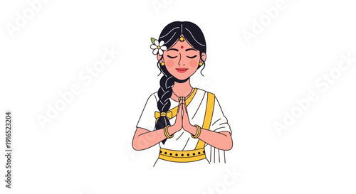 Indian Woman Praying with Hands Together in Traditional Attire.