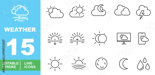 Weather Line Icon Set. Editable stroke icons for forecast apps. Featuring thunder lightning, partial eclipse, sunrise, sunset, full moon phases, and cloudy weather symbols for mobile and web.