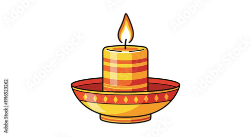 A lit candle in a decorative holder.