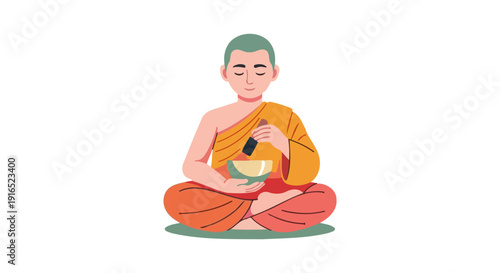 Buddhist monk meditating peacefully in traditional orange robes.