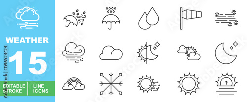 Weather Line Icon Set. Editable stroke icons for meteorology & app interface. Featuring umbrellas, wind socks, rainbows, snowflakes, moon phases, and sunny or cloudy forecast symbols.