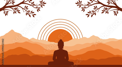 Silhouette of Buddha meditating peacefully in serene landscape.