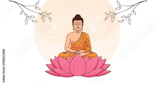 Serene Buddha meditating on a vibrant lotus flower.