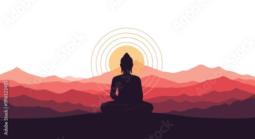 Silhouette of Buddha meditating peacefully at sunrise.