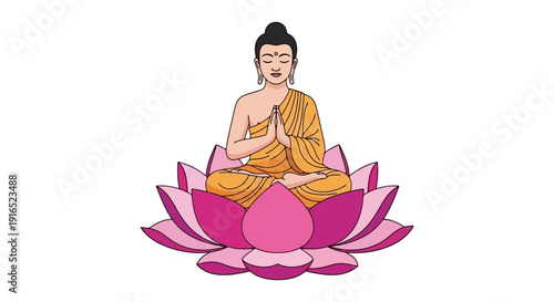 Serene Buddha meditating on a vibrant lotus flower.