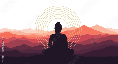 Silhouette of Buddha meditating in serene spiritual enlightenment.