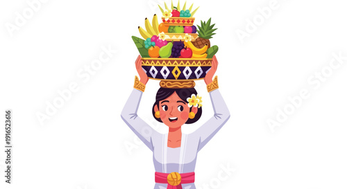 Balinese Woman Carrying Offering Basket Full of Fruits.