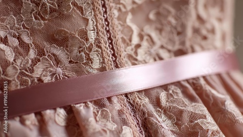 Close-up of a pink lace dress with a satin ribbon belt. Concept Close-up fashion detail, Pink lace dress, Satin ribbon belt, Delicate texture, Feminine styling