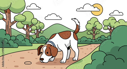 Charming vector illustration of a dog sniffing the ground on a path in a park with trees and hills
