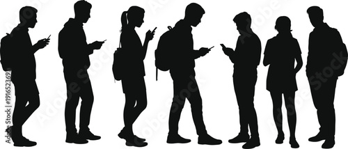 Group of young people silhouettes using smartphones, social media communication and mobile technology concept isolated on light background vector illustration