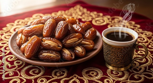 A plate of dates and a cup of coffee on an intricately designed red tablecloth viewed from above