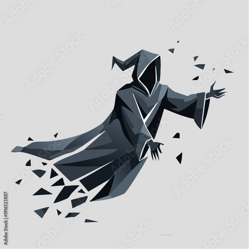 A hooded figure in a dark robe disintegrating into geometric shapes on a plain background with a dramatic effect.