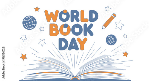 World Book Day icon set, includes reading, book, education, literacy, and library symbols. Created in colorful style with blue and orange palette.