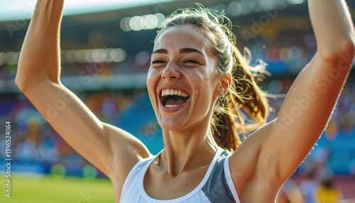 Giovane atleta sorridente festeggia la vittoria a braccia alzate in uno stadio di atletica durante una competizione image. Generative AI 