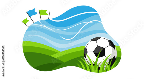 Soccer ball on a green field with wavy blue sky background - vector illustration
