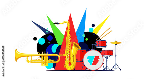 Vector illustration of a jazz band with saxophone and drums, vibrant music artwork with geometric shapes
