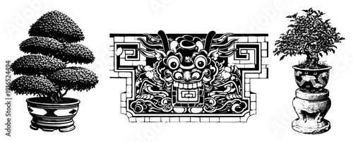 Traditional Vietnamese dragon ornament and bonsai trees in black and white graphic style