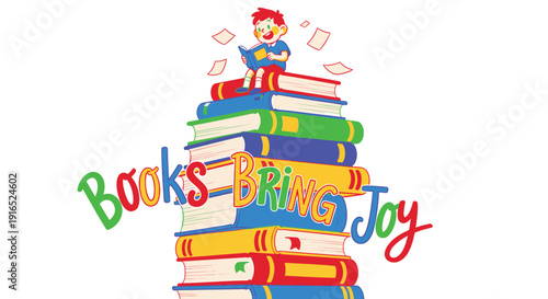 Colorful book stack icon with smiling child, reading concept. Includes books, reading, joy, education, and literacy symbols. Created in flat style with bright color palette.