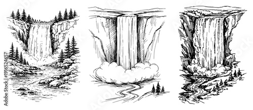 Set of three vertical vector illustrations showing different mountain waterfalls with pine trees in sketch style