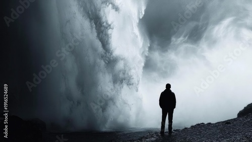 A lone silhouette on a rocky shore watches a colossal wall of water crashing nearby. Concept Silhouette, Rocky Shore, Wall of Water, Dramatic Ocean, Isolation