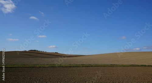 Landwirtschaftliche Felder im Weinviertel, Niederösterreich, unter blauem Himmel. Sanft geschwungene landwirtschaftliche Felder im Weinviertel in Niederösterreich unter klarem blauem Himmel.