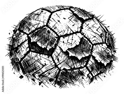 Grungy hand drawn ink sketch of a cracked and broken soccer ball
