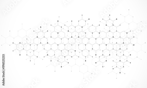 Abstract hexagonal molecular structure with colorful dots on white background