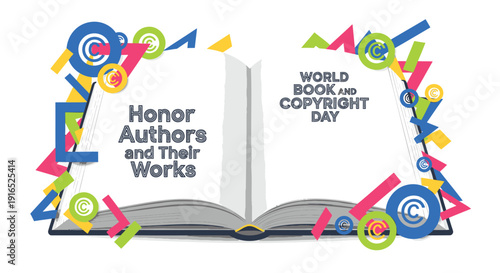 World Book and Copyright Day icon collection. Includes book, author, copyright, honor, literature, reading, writing, publishing symbols. Created in colorful style with multicolor palette