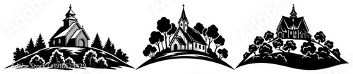 Black and white silhouette of traditional wooden churches on hills with trees