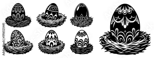 Collection of decorative Easter eggs with ornate patterns sitting in bird nests in vintage woodcut style