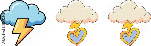Three cartoon clouds with lightning bolts and hearts