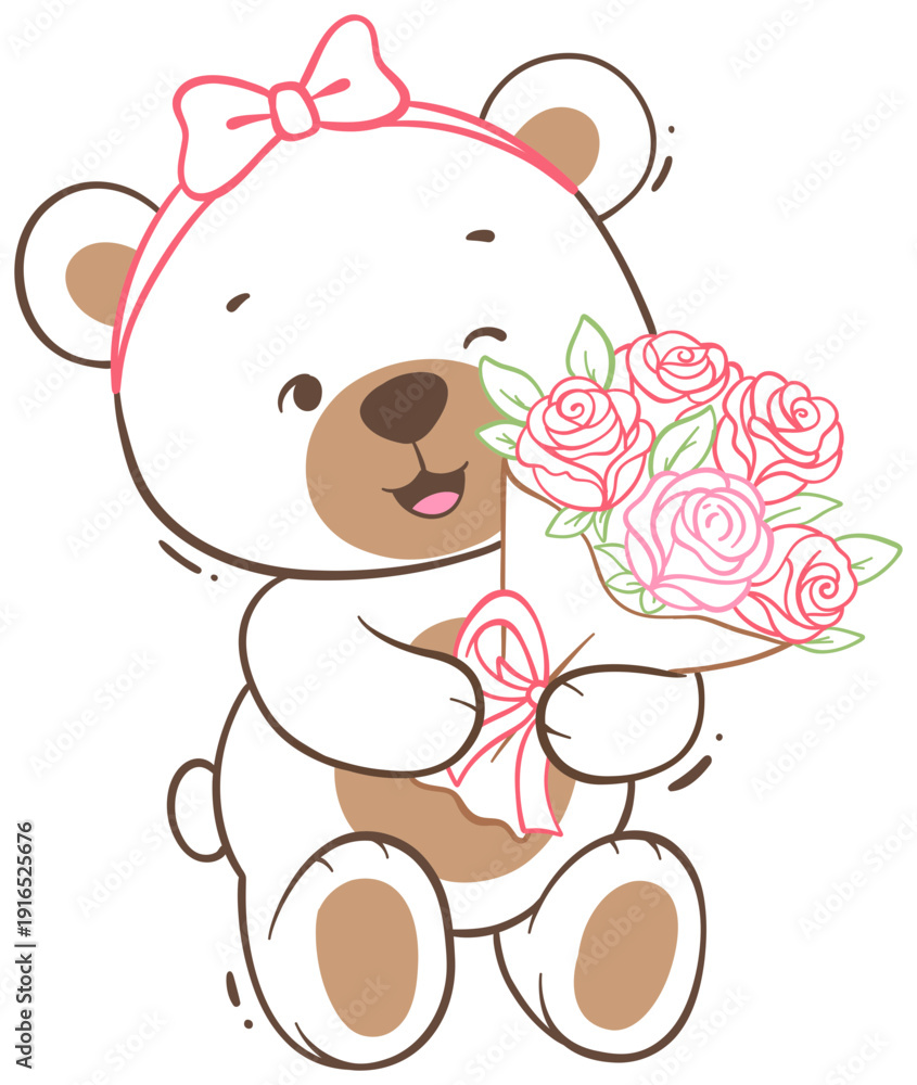 Fototapeta premium Cute Bear Holding Pink Flowers Illustration Sticker