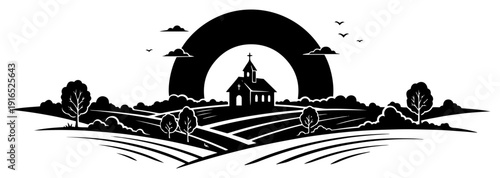 Peaceful rural landscape silhouette with a small church and fields under a large rising sun
